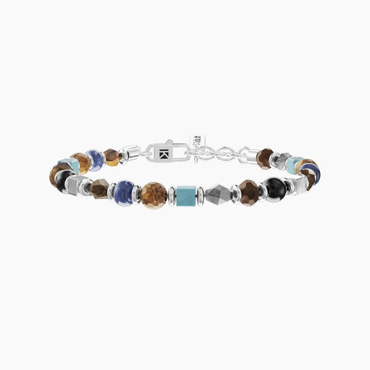 Bracciale rigido da uomo Kidult in acciaio satinato con inserti centrali in pietre naturali di lapislazzuli blu - Alfano Gioielli Gioielleria Palermo.