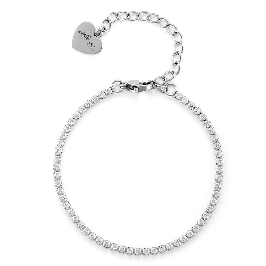 Bracciale tennis da donna 4US Cesare Paciotti in acciaio con finitura galvanica dorata. Presenta una fila di zirconi bianchi brillanti e un logo del pugnale centrale a rilievo in oro lucido.
