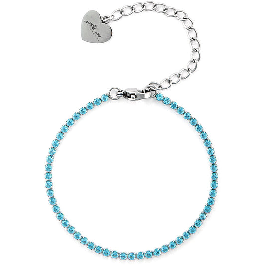 Bracciale modello tennis da donna 4US Cesare Paciotti in acciaio inossidabile con zirconi brillanti color azzurro acquamarina e logo centrale del pugnale in acciaio lucido.