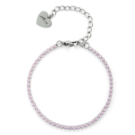 Bracciale modello tennis da donna 4US Cesare Paciotti in acciaio inossidabile con zirconi rosa luminosi e logo centrale del pugnale in acciaio lucido.