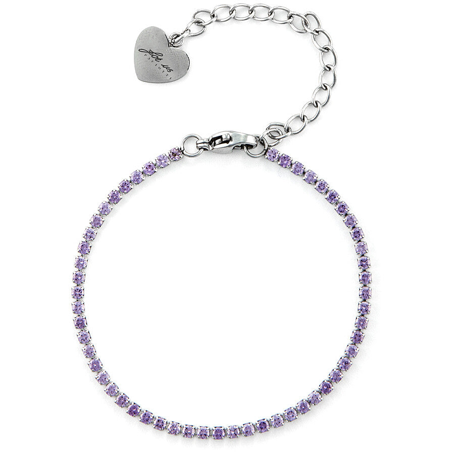 Bracciale tennis da donna 4US Cesare Paciotti in acciaio inossidabile con una fila di zirconi blu scuro brillanti e logo centrale del pugnale in acciaio lucido.