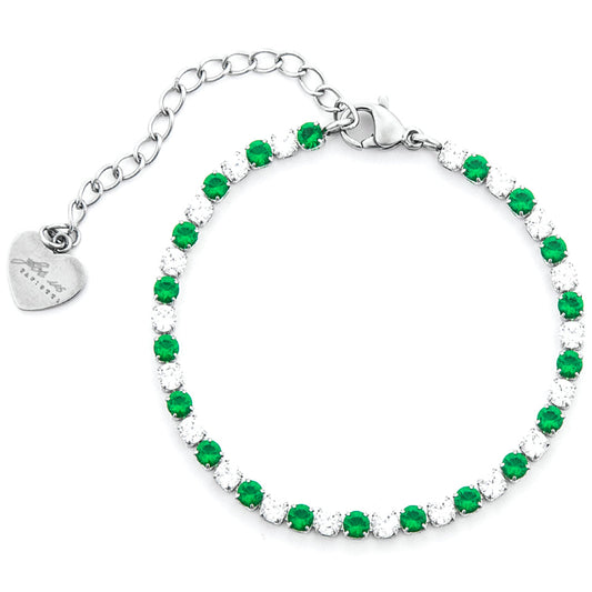 Bracciale modello tennis da donna firmato 4US Cesare Paciotti in acciaio inossidabile con una fila di zirconi bianchi luminosi e un piccolo logo del pugnale in acciaio lucido posizionato al centro della montatura.