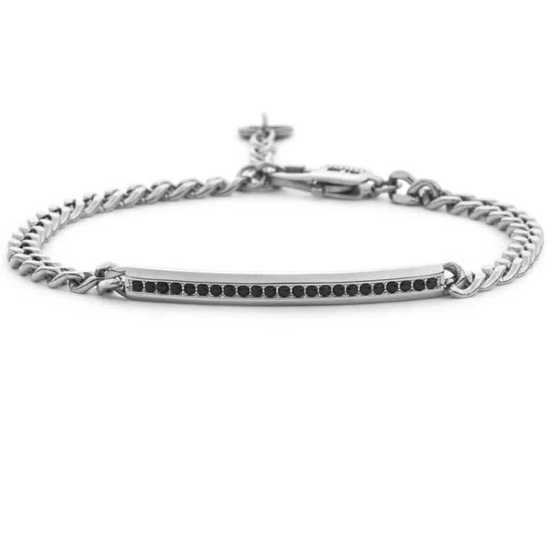 Bracciale rigido da uomo 4US Cesare Paciotti in acciaio inossidabile. La fascia presenta una superficie satinata con il logo del pugnale e viti decorative in acciaio lucido a contrasto.