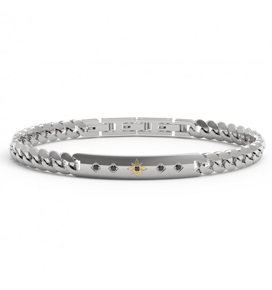 Bracciale Uomo 4US Cesare Paciotti in Acciaio con Targa Rosa dei Venti in Oro 18kt e Spinelli Neri - 4UBR7669