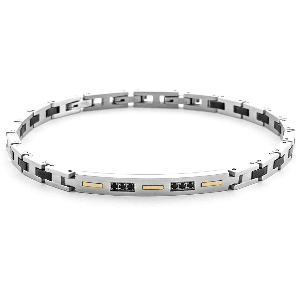 Bracciale Uomo 4US Cesare Paciotti in Acciaio e Oro 18kt con Targa e Spinelli Neri - 4UBR6931