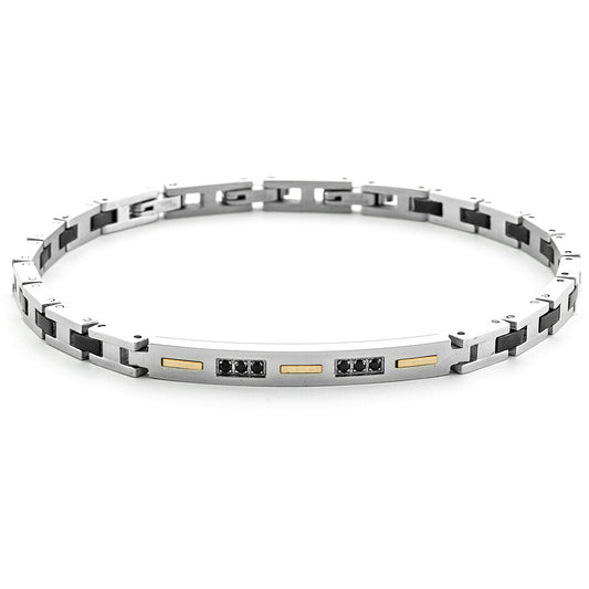 Bracciale Uomo 4US Cesare Paciotti in Acciaio e Oro 18kt con Targa e Spinelli Neri - 4UBR6931