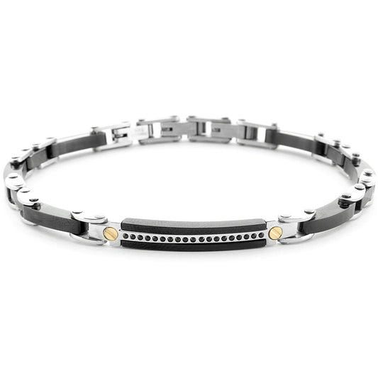 Bracciale Uomo 4US Cesare Paciotti in Acciaio e Oro 18kt con Targa e Spinelli Neri - 4UBR6944