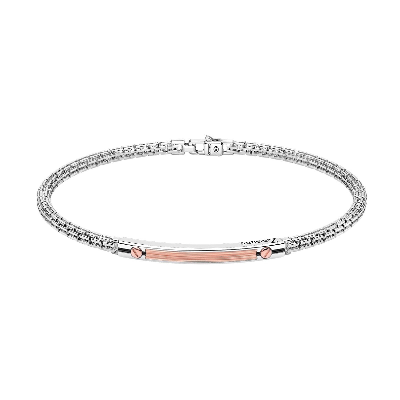 Bracciale maschile Zancan Alpha in argento 925 lucido con piccolo inserto in oro rosa 18kt e spinello nero centrale.