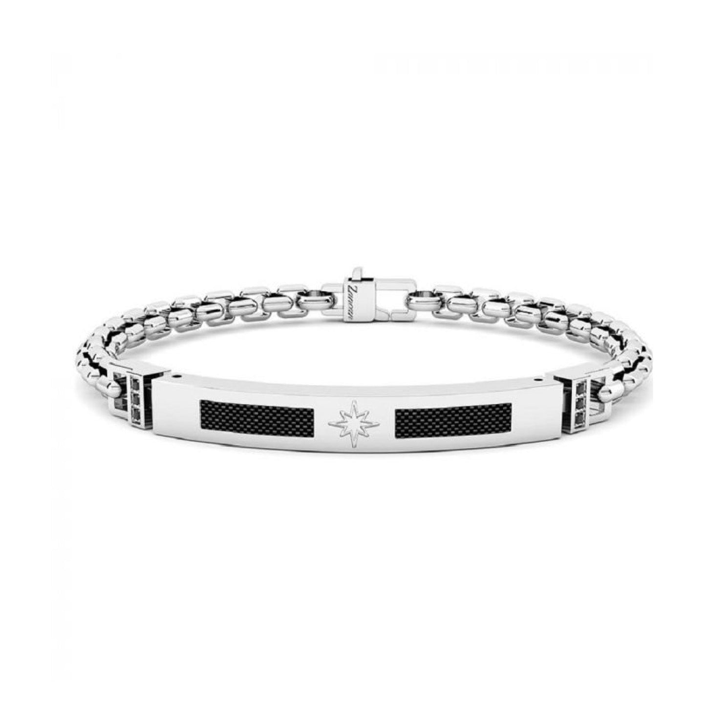 Bracciale da uomo Zancan Hectagon in argento 925 con piastra centrale decorata da oro rosa 18kt e fila di spinelli neri.