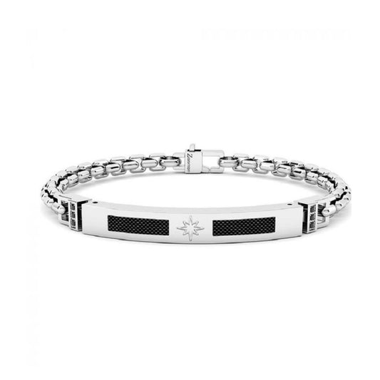 Bracciale da uomo Zancan Hectagon in argento 925 con piastra centrale decorata da oro rosa 18kt e fila di spinelli neri.