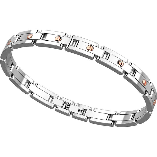 Bracciale maschile Zancan Hi-Teck in acciaio 316L con elemento centrale cilindrico e viti in oro rosa 18kt.