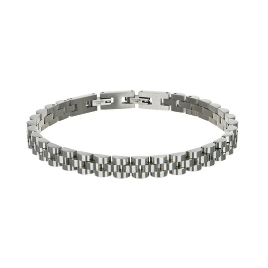 Bracciale maschile Zancan Hi-Teck in acciaio 316L con placca centrale e due viti decorative in oro rosa 18kt.