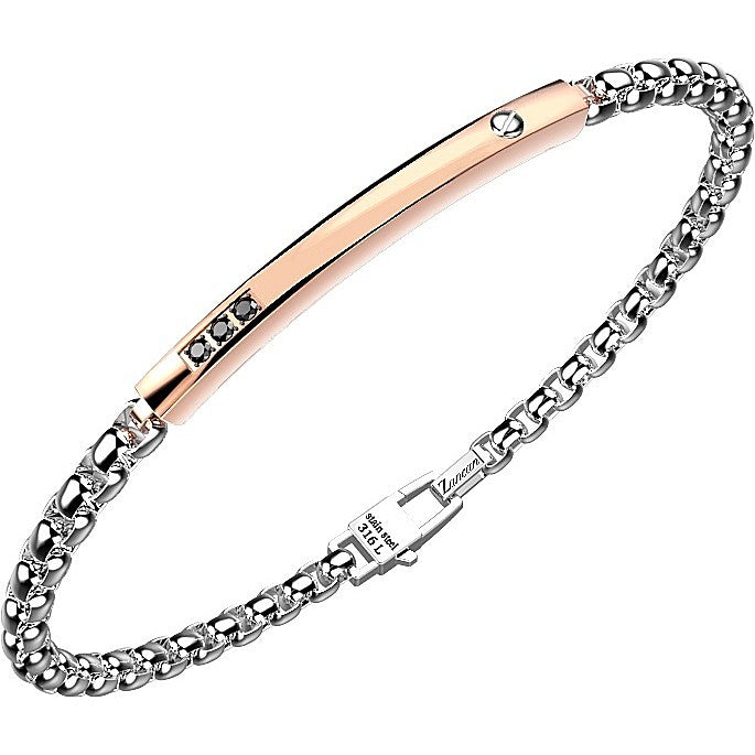 Bracciale maschile Zancan Hi-Teck in acciaio con elemento centrale cilindrico nero e viti decorative in oro rosa 18kt.