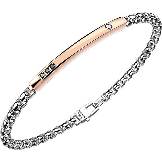 Bracciale maschile Zancan Hi-Teck in acciaio con elemento centrale cilindrico nero e viti decorative in oro rosa 18kt.