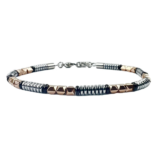 Bracciale maschile Zancan Hi-Teck in acciaio 316L satinato con placca centrale e tre viti decorative in oro rosa 18kt.