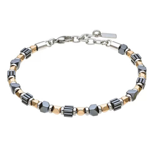 Bracciale maschile Zancan Hi-Teck in acciaio nero a maglia coda di volpe con placca di spinelli neri e dettagli oro rosa.