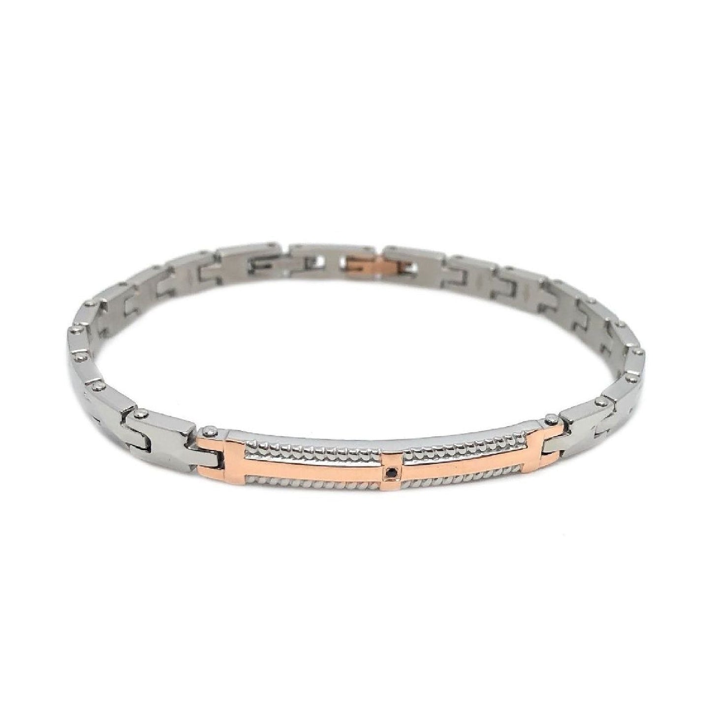 Bracciale maschile Zancan Hi-Teck in acciaio 316L con placca centrale, spinello nero e dettagli oro rosa.