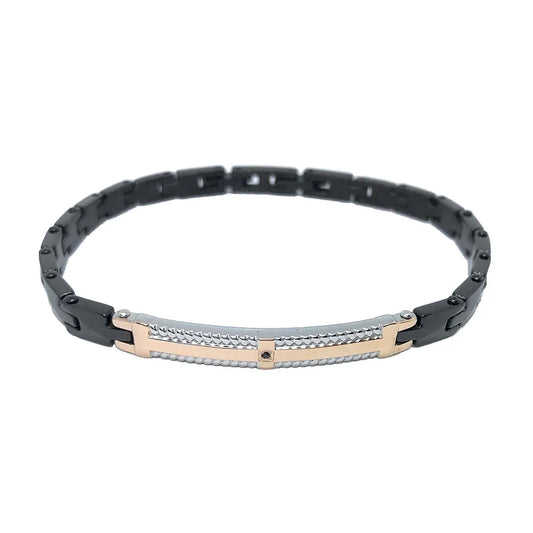 Bracciale maschile Zancan Hi-Teck in acciaio 316L con piastra centrale in ceramica nera e spinelli neri incastonati.