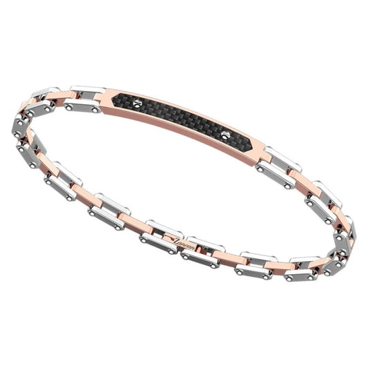 Bracciale maschile Zancan Hi-Teck in acciaio 316L con inserto centrale nero e tre viti decorative in oro rosa 18kt.