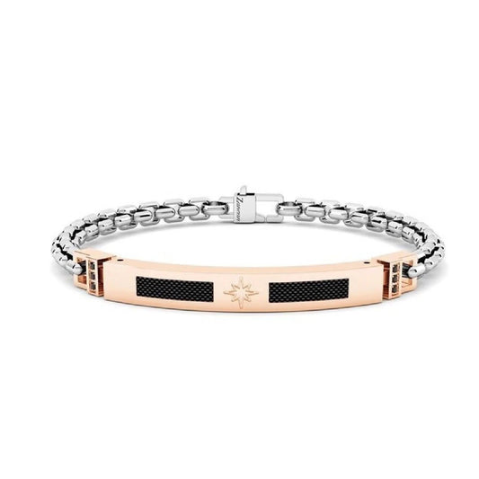 Bracciale maschile Zancan Hi-Teck in acciaio 316L con inserto centrale in PVD nero e tre viti decorative in oro rosa 18kt.