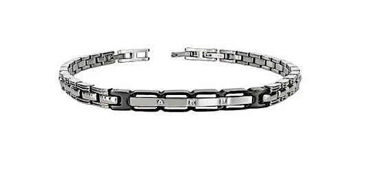 Bracciale maschile Zancan Hi-Teck in acciaio 316L con placca centrale e tre viti decorative in oro rosa 18kt.