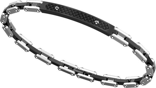 Bracciale maschile Zancan Hi-Teck in acciaio 316L con inserto centrale nero e tre viti decorative in oro rosa 18kt.