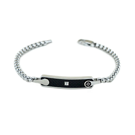 Bracciale maschile Zancan Hi-Teck in acciaio con placca nera e simbolo della Rosa dei Venti in oro rosa a rilievo.