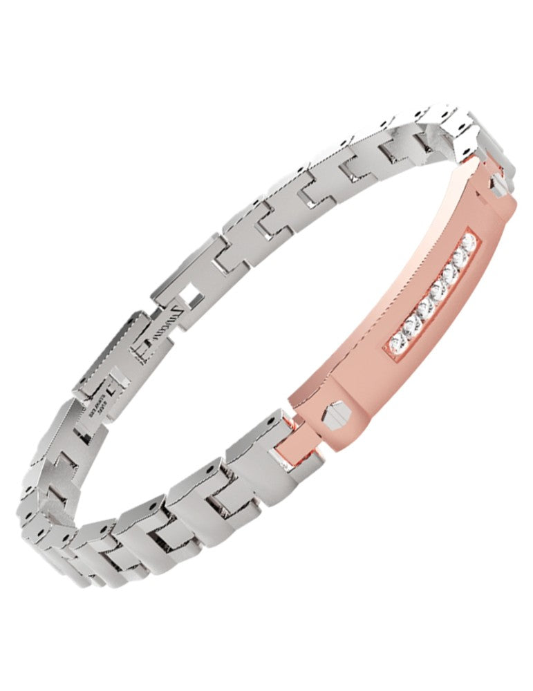 Bracciale maschile Zancan Hi-Teck in acciaio satinato con targa centrale oro rosa e cristalli bianchi incastonati.