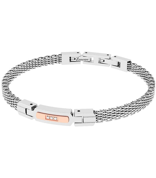 Bracciale maschile Zancan Hi-Teck in acciaio satinato con placca centrale in PVD oro rosa e zirconi bianchi incastonati.