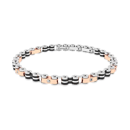 Bracciale maschile Zancan Hi-Teck in acciaio satinato con dettagli centrali in PVD nero e viti in oro rosa.