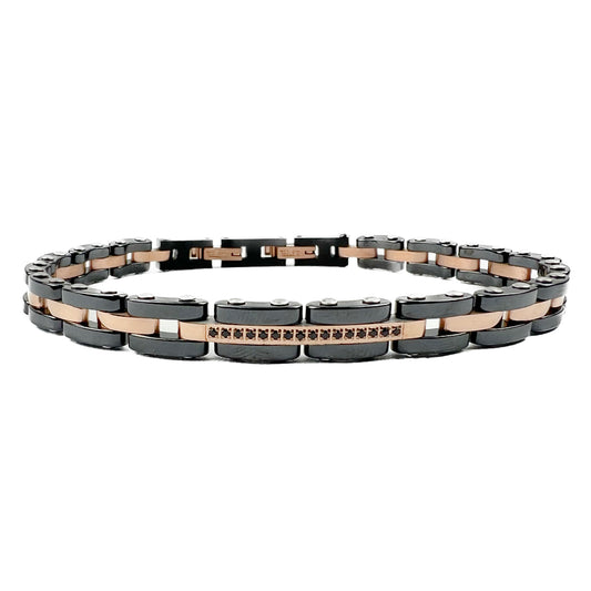 Bracciale maschile Zancan Hi-Teck in acciaio PVD nero con placca centrale e viti decorative in oro rosa 18kt.
