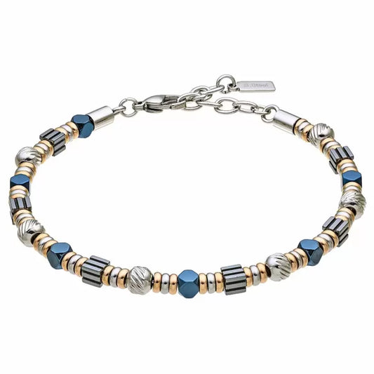 Bracciale maschile Zancan Hi-Teck in acciaio 316L con placche snodate, viti in oro rosa 18kt e spinello nero centrale.