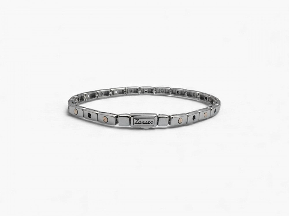 Bracciale da uomo Zancan Insignia con maglia a catena in argento 925 e piastra centrale con oro rosa 18kt e spinelli neri.