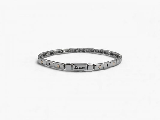 Bracciale da uomo Zancan Insignia con maglia a catena in argento 925 e piastra centrale con oro rosa 18kt e spinelli neri.