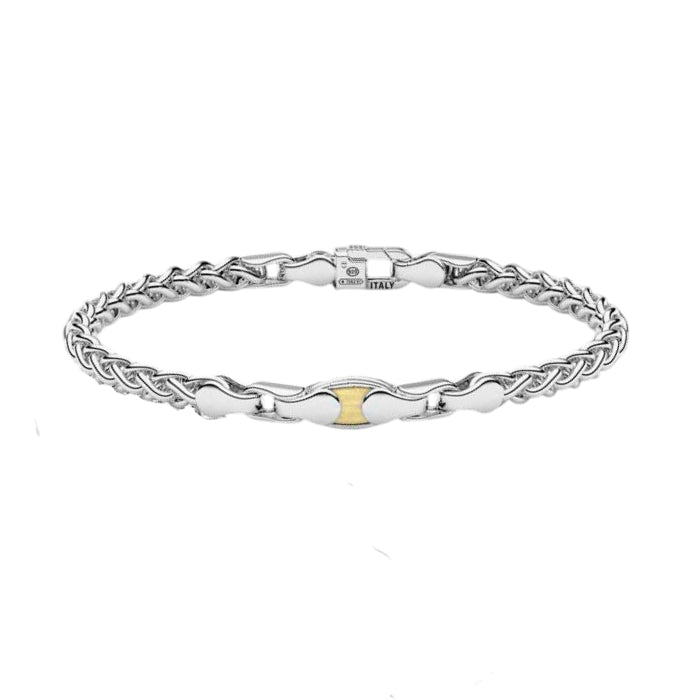 Bracciale maschile Zancan Insignia in argento 925 con piastra centrale decorata da una fascia in oro rosa 18kt e doppia fila di spinelli neri.