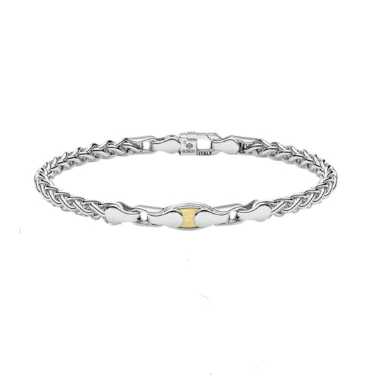 Bracciale maschile Zancan Insignia in argento 925 con piastra centrale decorata da una fascia in oro rosa 18kt e doppia fila di spinelli neri.