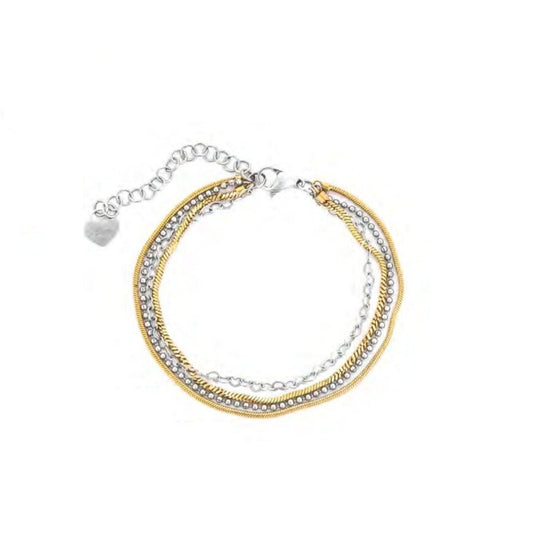 Bracciale da donna in acciaio inossidabile con maglia a catena lucida. Al centro spicca una placca di forma rettangolare allungata, interamente ricoperta da un fitto pavé di zirconi bianchi luminosi. Sulla superficie di pietre è applicato in rilievo il logo del pugnale Cesare Paciotti in acciaio lucido, posizionato centralmente.