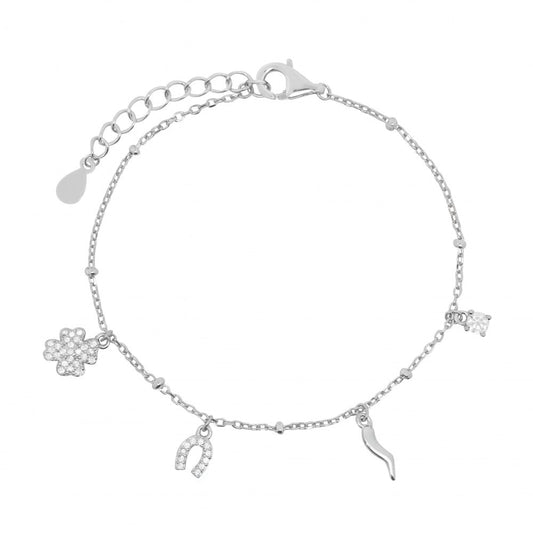 Bracciale in argento 925 ChiMiAma con cinque pendenti a cuore ricoperti di pavé di zirconi bianchi - Alfano Gioielli