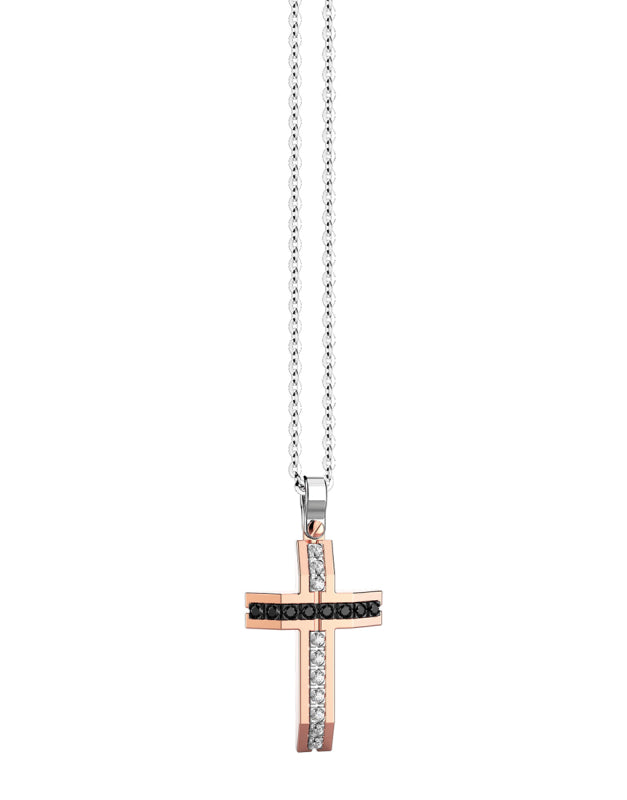 Collana da uomo Zancan Insignia 925 con pendente a croce stilizzata in argento decorata da spinelli neri e dettaglio centrale in oro rosa 18kt.