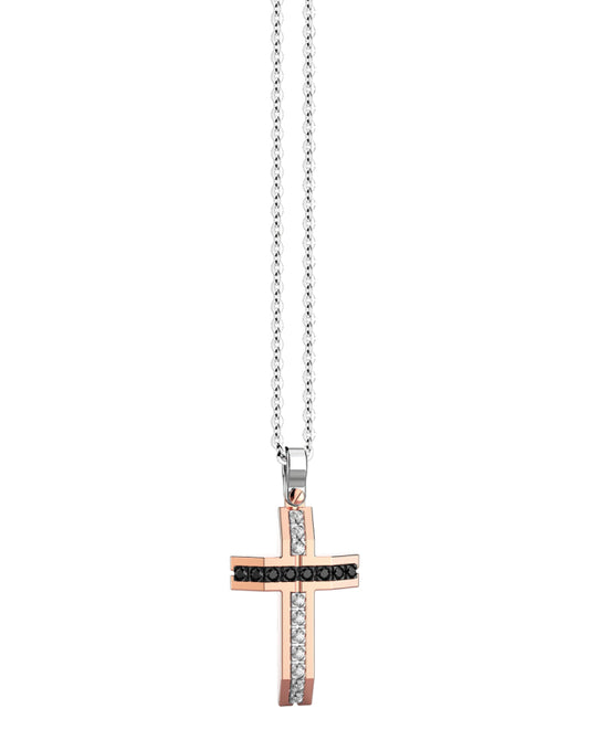Collana da uomo Zancan Insignia 925 con pendente a croce stilizzata in argento decorata da spinelli neri e dettaglio centrale in oro rosa 18kt.