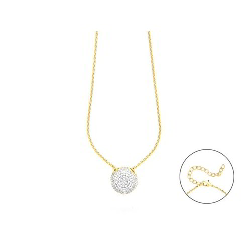 Collana da donna in acciaio con finitura dorata lucida. Il pendente a forma di cuore è interamente ricoperto da piccoli zirconi bianchi brillanti che circondano il logo centrale del pugnale Cesare Paciotti, realizzato a rilievo in oro lucido.