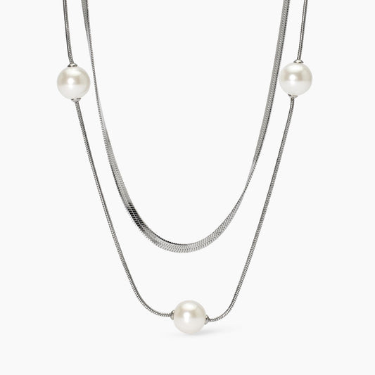 Collana Kidult Style 14 in Acciaio con Doppia Catena e Perle Conchiglia - 851019