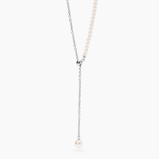Collana lunga Kidult in acciaio silver con pietre naturali di agata bianca alternate lungo la catena - Alfano Gioielli Gioielleria Palermo.