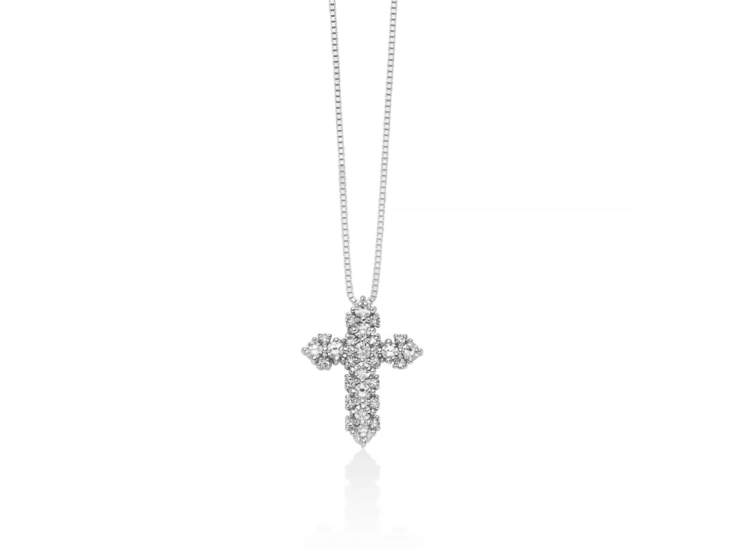 Croce Miluna in oro bianco 18kt con diamanti naturali incastonati e catena veneziana.