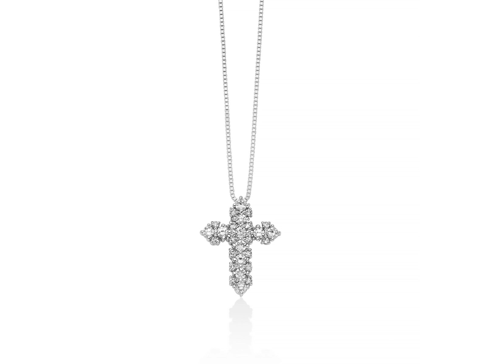 Croce Miluna in oro bianco 18kt con diamanti naturali incastonati e catena veneziana.
