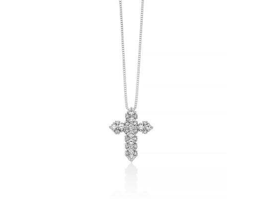 Croce Miluna in oro bianco 18kt con diamanti naturali incastonati e catena veneziana.