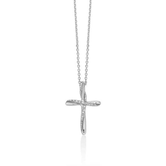 Pendente Miluna a forma di croce in oro bianco 18kt con diamanti naturali e catena veneziana.