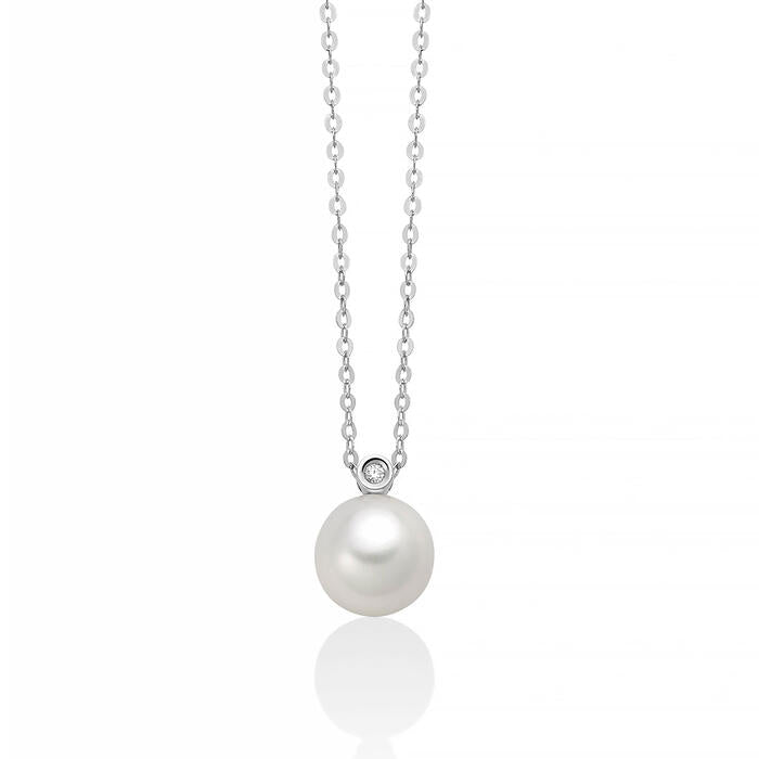 Collana Miluna in oro bianco 18kt con pendente punto luce perla bianca e diamante naturale su catena veneziana.