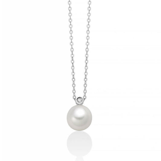 Collana Miluna in oro bianco 18kt con pendente punto luce perla bianca e diamante naturale su catena veneziana.