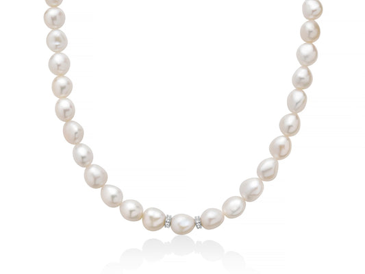 Collana Miluna girocollo di perle bianche coltivate con chiusura artistica a rosone in argento 925.
